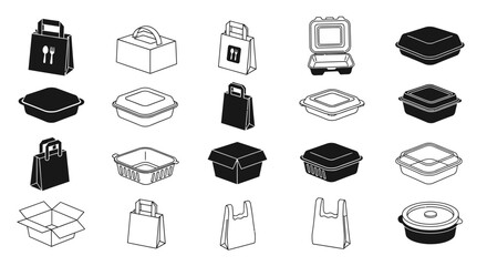 Various food delivery containers and bags vector illustration, flat design