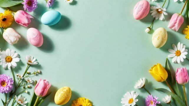 Green background with a variety of colorful flowers and eggs. The eggs are in different sizes and colors, and the flowers are scattered throughout the image. Scene is cheerful and vibrant