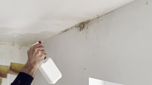 Man spraying bleach cleaner on mold growing along ceiling corner. Removing mildew and disinfecting damp wall surface in home interior