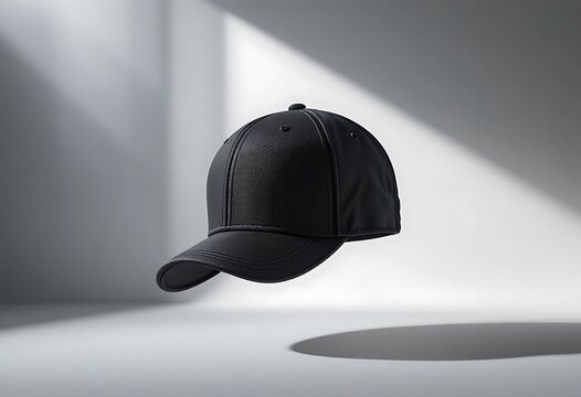 Black baseball cap floating in air, isolated on gray background with sunlight. basball cap
