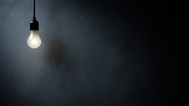Minimalist photography of a single lightbulb glowing brightly on a dark textured wall, idea and creativity concept