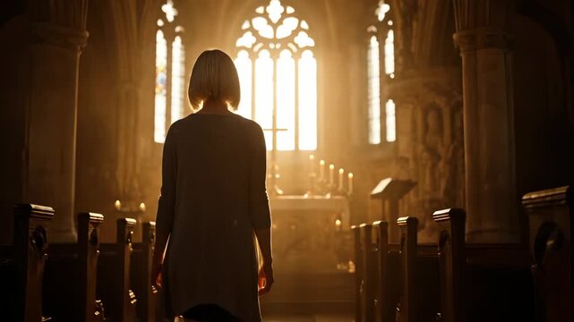 Standing worshiper faces illuminated altar. Silhouette fills church nave under stained glass light. Warm sunlight streams through high window. Quiet prayer presence echoes among pew and aisle. Still.
