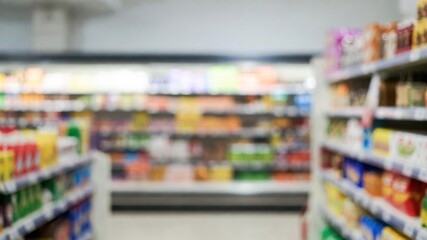 Obraz premium Store with a lot of food and drinks on the shelves. The store is empty and the shelves are full