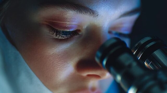 A scientist peers through a microscope with blue eyes.