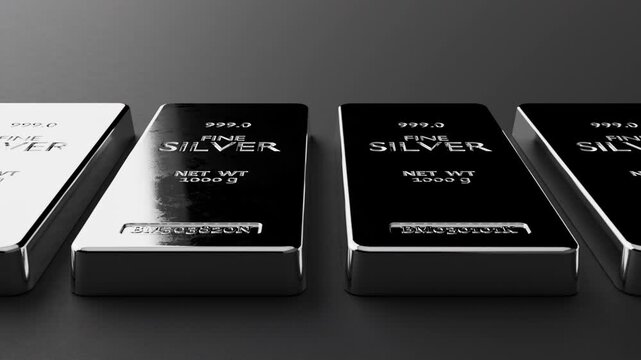 Elegant fine silver ingots with glossy metallic reflections. Perfect luxury background for fintech, finance and premium branding. Seamless loop animation, part of series.