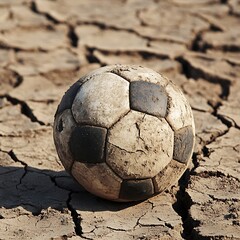 Dirty old football ball on dry earth background high resolution picture