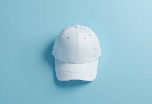 White baseball cap on blue background, isolated fashion accessory. basball cap