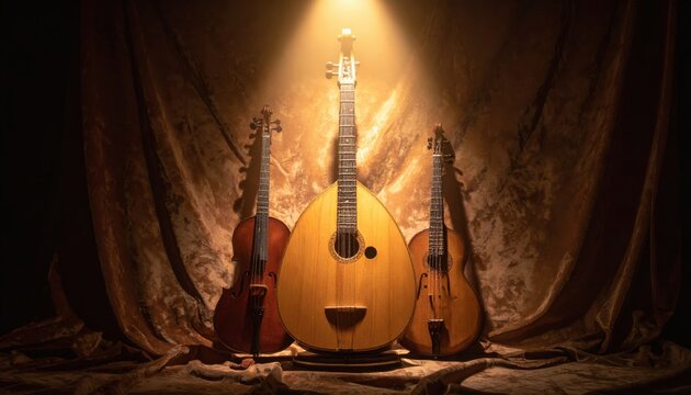 A collection of antique string musical instruments, featuring a lute and violins, illuminated by a warm spotlight.