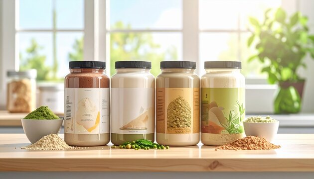 A curated selection of sustainable plant based protein powders in clear jars with labels