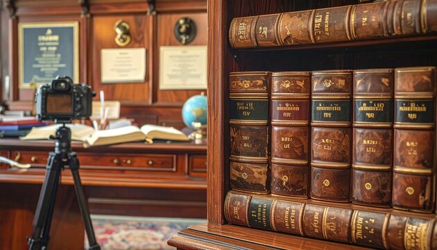 Collection of Antique Leather Bound Books with Gold Lettering in a Vintage Library Setting