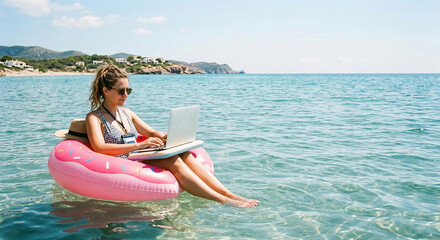 Girl in swimsuit with laptop floating on the sea in inflatable beach circle. Remote work during summer vacation at sea. Opportunity to work anywhere. Young freelancer woman. Free space on the right.