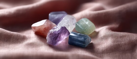 Realistic shot of healing chakra crystals arranged on a soft fabric background, metaphysical and spiritual practices concept