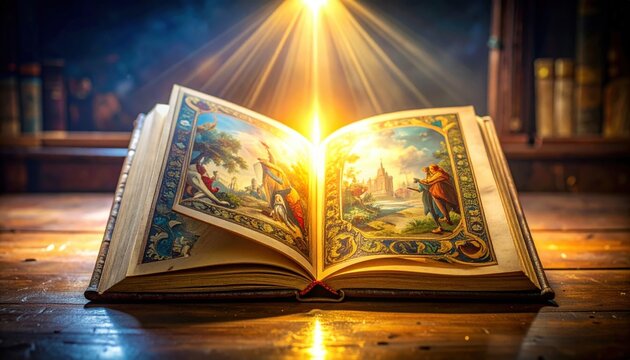 Baroque style illuminated manuscript page with vibrant miniature paintings and golden light
