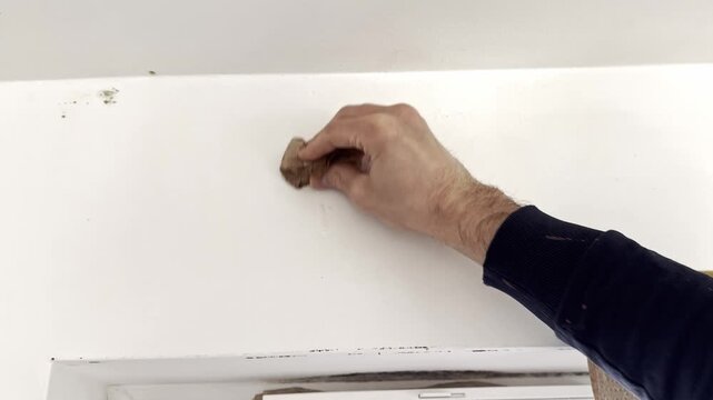 Man wiping bleach foam and mold residue from wall with paper towel. Household cleaning and disinfecting damp wall surface in home interior