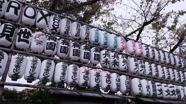 Traditional Japanese Chochin Paper Lanterns with calligraphy hanging in rows at a shrine in Japan