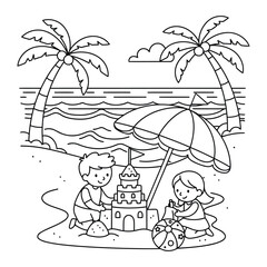 Fototapeta premium Kids building sandcastle under beach umbrella with ocean waves coloring page scene