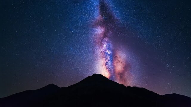 Milky Way galaxy stars rotate slowly over a dark mountain silhouette in this cinematic slow motion astrophotography video footage featuring purple and blue nebula colors.