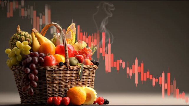 Market trends with a basket full of fruits and stock market data in the background