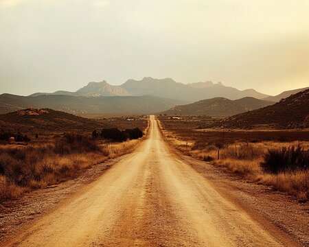 Dusty road stretches into a mountain range under a pale sky