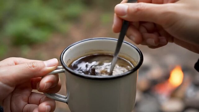 Close-up of hands stirring hot coffee in a metal mug by a warm campfire. Perfect for outdoor recreation, camping, travel, nature, relaxation, cozy moments, and enjoying a warm drink.