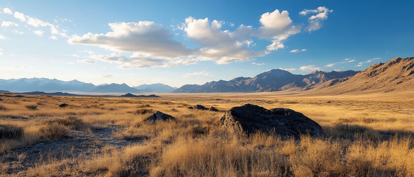 Desert landscape with mountains and golden grass under a partly cloudy sky