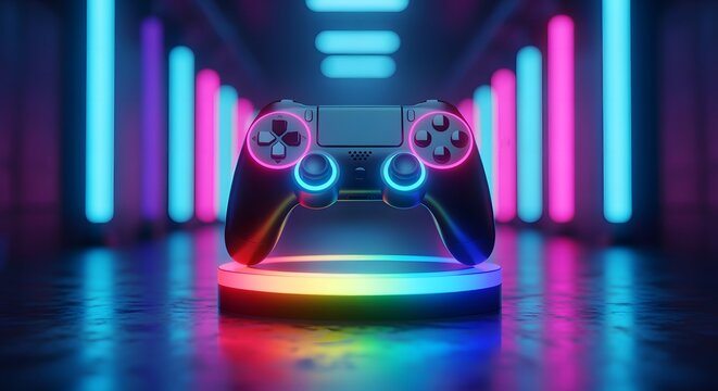 Modern video game controller on glowing rainbow pedestal vibrant neon lights background electronic gaming entertainment