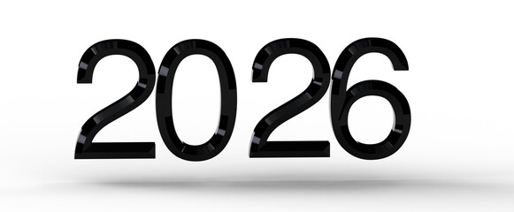 3D render of the year 2026 in black glossy material. Perfect for New Year's and futuristic...