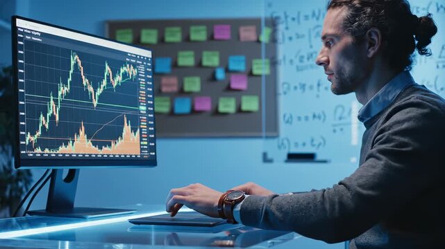 Man trader analyzes stock chart on monitor at office desk. Trader studies trading graph on screen display. Man working with stock chart data. Trader at desk monitoring financial graph in office.