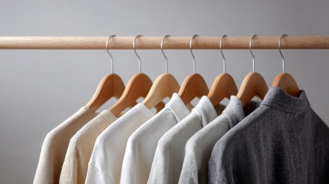 Realistic photography of a minimalist second-hand wardrobe idea with eco-friendly clothes on wooden hangers, circular fashion concept