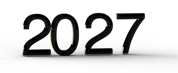 Bold black 2027 numbers rendered in 3D on a bright white background. Perfect for new year themes,...