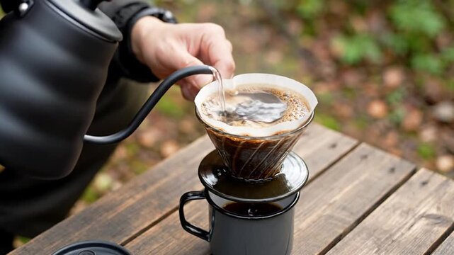 Closeup of hand brewing artisanal pour-over coffee outdoors using a gooseneck kettle and dripper. Perfect for camping, travel, and a peaceful morning routine, highlighting handcrafted quality and...