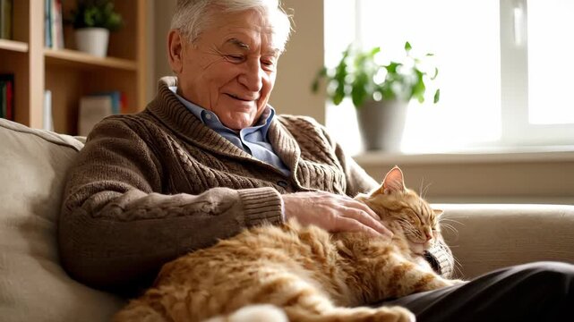 Happy senior man petting a ginger cat on the sofa at home. Elderly pensioner relaxing with his pet animal in the living room. Companionship and retirement concept
