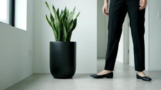 A snake plant in a black pot in a modern hallway.