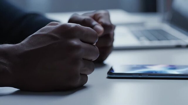Close-up of a frustrated man's hands impatiently tapping on a tablet. An anxious African American person clenches their fists in stress at an office desk. Work pressure and technology problems concept