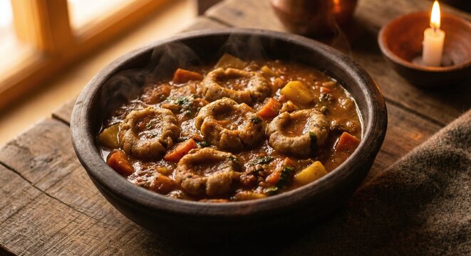 Skyu &ndash; Ladakhi thumbprint pasta in a hearty stew, Indian Himalayan recipe, Traditional Ladakhi comfort food, Hand-pressed thumbprint pasta in rich stew, Indian Himalayan cuisine