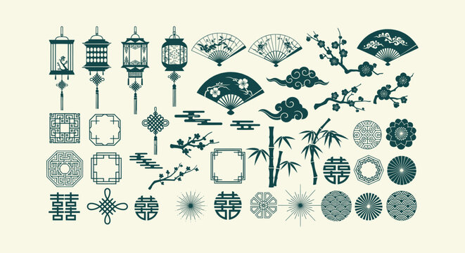 Set of traditional Chinese design elements including lanterns, folding fans, bamboo and blossoms.