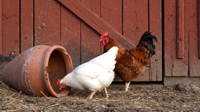 A white hen and a brown rooster explore a rustic barnyard with a terracotta pot, capturing the essence of rural farm life.