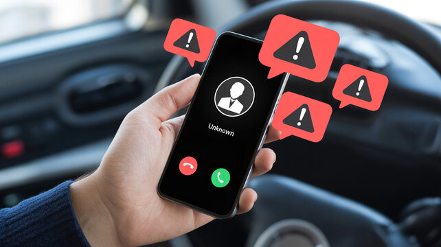 Person receiving unknown call with warning signs on smartphone