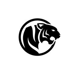 Minimalist Black and White Tiger Head Logo in a Circle, a Fierce Graphic Symbol of Strength and Power