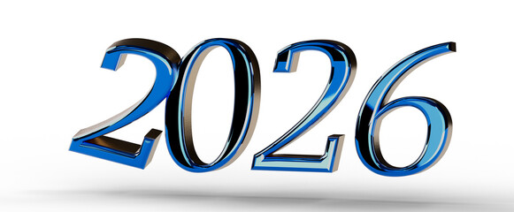 Bold 2026 rendered in blue chrome, perfect for new year greetings, future themes, and concept designs. Ideal for present © vegefox.com