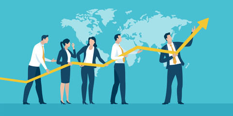 Obraz premium Cooperation. A group of business people lifting a business curve. Success strategy. Business vector illustration..