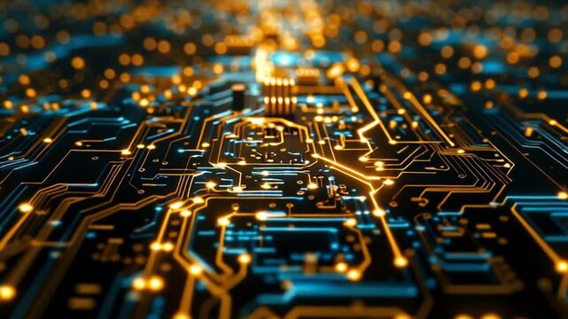 Glowing circuitry patterns illuminate a complex electronic circuit board from a close-up perspective.