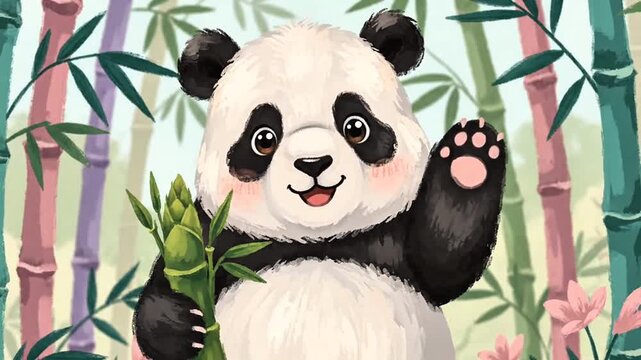 Cute Giant Panda Character in Colorful Bamboo Forest Illustration