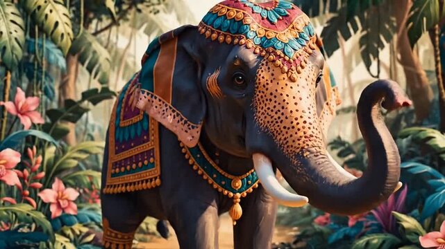 Ornate Decorated Elephant Illustration in Tropical Jungle Forest