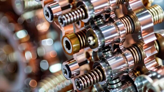 Intricate mechanical components in close-up view showcasing gears and springs in a complex assembly.