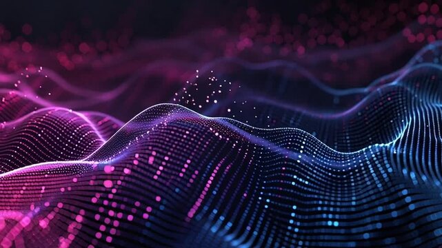 Vibrant digital wave pattern glows with pink and blue lights on a dark background.