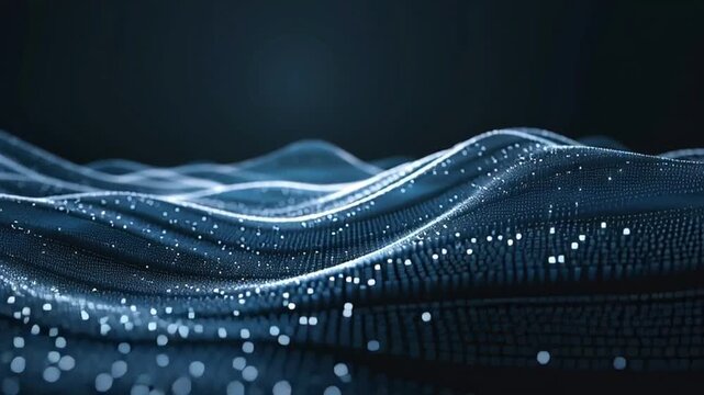 Digital waves of data undulate across a dark background with glowing blue lines.