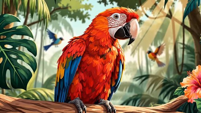 Vibrant Scarlet Macaw Parrot in Tropical Jungle Illustration
