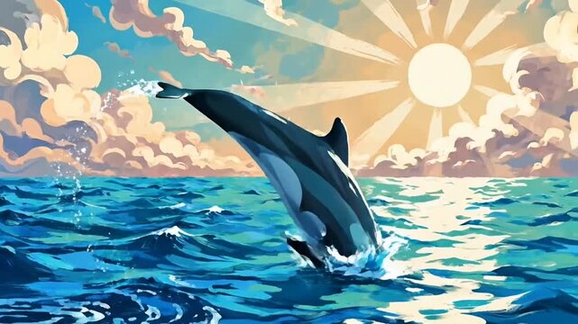 Stylized Vector Illustration of a Jumping Dolphin in the Ocean Sun