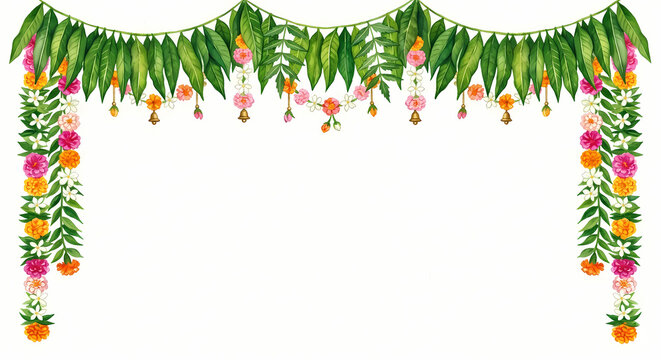 Ugadi Festive flowers and Leaves Toran Floral Frame Traditional Indian Watercolor Background